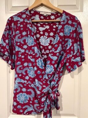 LOFT Burgundy Wrap Blouse with Blue Floral Paisley Large